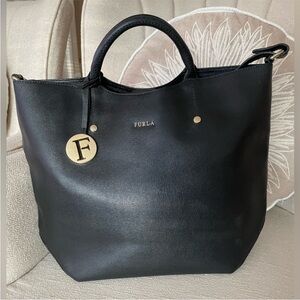 FURLA Black Leather Tote with Gold Bag Charm, & crossbody Strap